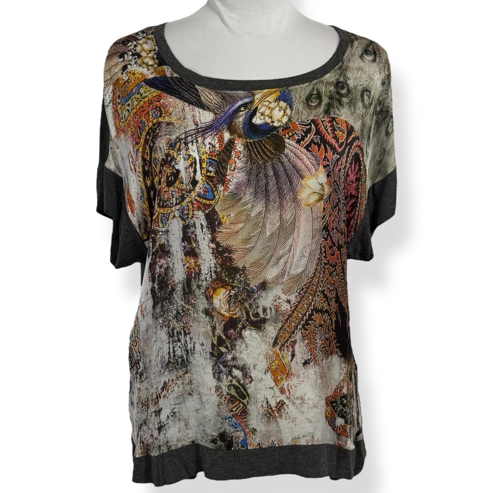 Single Graphic Art Boxy Knit Silk‎ Top Size S Boho Grunge Whimsigoth Peacock Y2K